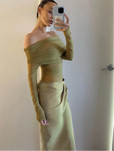 Sexy Mesh Ruched Maxi Dress – See Through Off Shoulder Long Sleeve Sheath