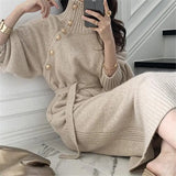Women’s Vintage Turtleneck Knitted Dress – Long Sleeve Button Bandage Midi Dress