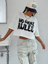 Women’s 100% Cotton White Crop Top – "No More Rules" Letter Print O-Neck Streetwear Tee