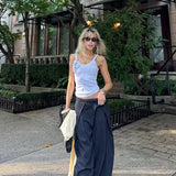 Damen lässige gestreifte weite Hose – High Waist plissierte gerade Hose