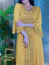 The "Saffron Royale" Gown – Signature Yellow Diamond Embroidery Kaftan – Luxury Morocco Party Dress