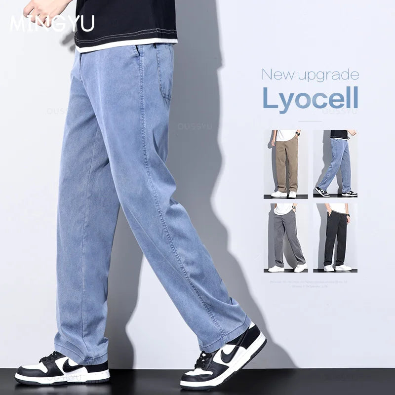 Men’s Soft Lyocell Summer Jeans – Elastic Waist Loose Straight Denim