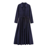 Elegantes Hemdkleid mit Reverskragen, Gürtel, langen Ärmeln, Einreiher, Herbst, Maxi
