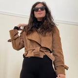 Vintage Wildlederjacke für Damen – Herbstmode Schnür-Mantel Schmale Passform