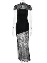 Women’s Sexy Strapless Sheer Lace Two-Piece Set – Turtleneck Hollow-Out Patchwork Dress