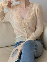 Women’s Elegant Lace Patchwork Cardigan – Chic V-Neck Slim Knit Sweater