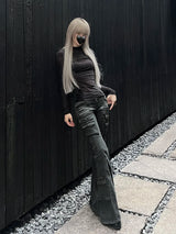Acubi Fashion Black Flare Jeans for Women | Retro Whiskers Low-Rise Cargo Pants