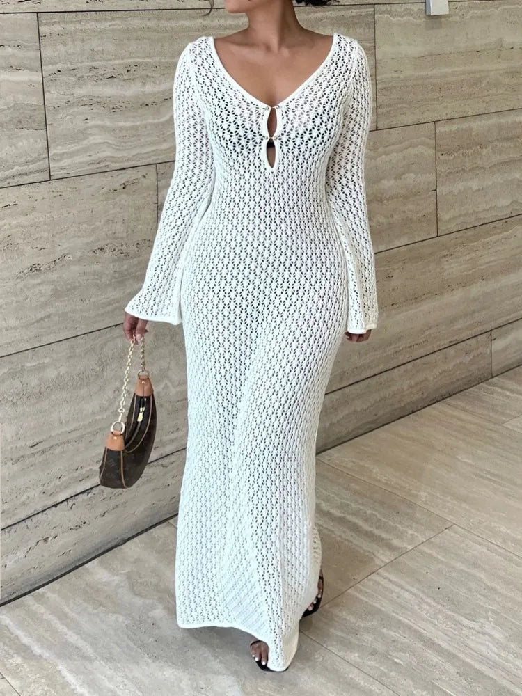 Women’s See-Through V-Neck Hollow Out Beach Dress, Sexy Backless Knitwear
