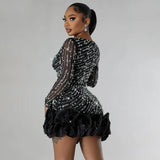 Sexy Langarm Rüschen Minikleid – Glitzerndes Hot-Drilling- & Perlenbesetztes Geburtstagskleid
