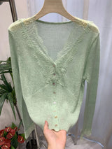 Women’s Elegant Lace Patchwork Cardigan – Chic V-Neck Slim Knit Sweater