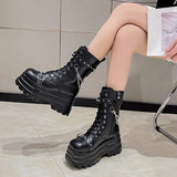 Women’s Gothic Chain Platform Mid-Calf Wedge Motorcycle Boots