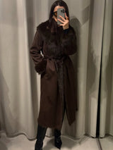 Women’s Brown Faux Fur Patchwork Long Jacket – Elegant Belted Lace-Up Overcoat
