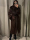 Women’s Brown Faux Fur Patchwork Long Jacket – Elegant Belted Lace-Up Overcoat