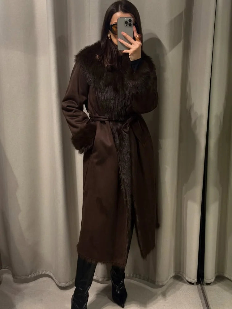 Women’s Brown Faux Fur Patchwork Long Jacket – Elegant Belted Lace-Up Overcoat