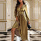 Women's Gold Long Sleeve Pleated V-Neck Dress - Elegant Wedding, Prom & Holiday Party Gown