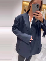 Women’s Casual Black Blazer – Loose Fit Double-Breasted Jacket