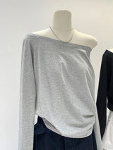 Women’s Off-Shoulder Long Sleeve T-Shirt – Solid Color Casual Slim Fit Top