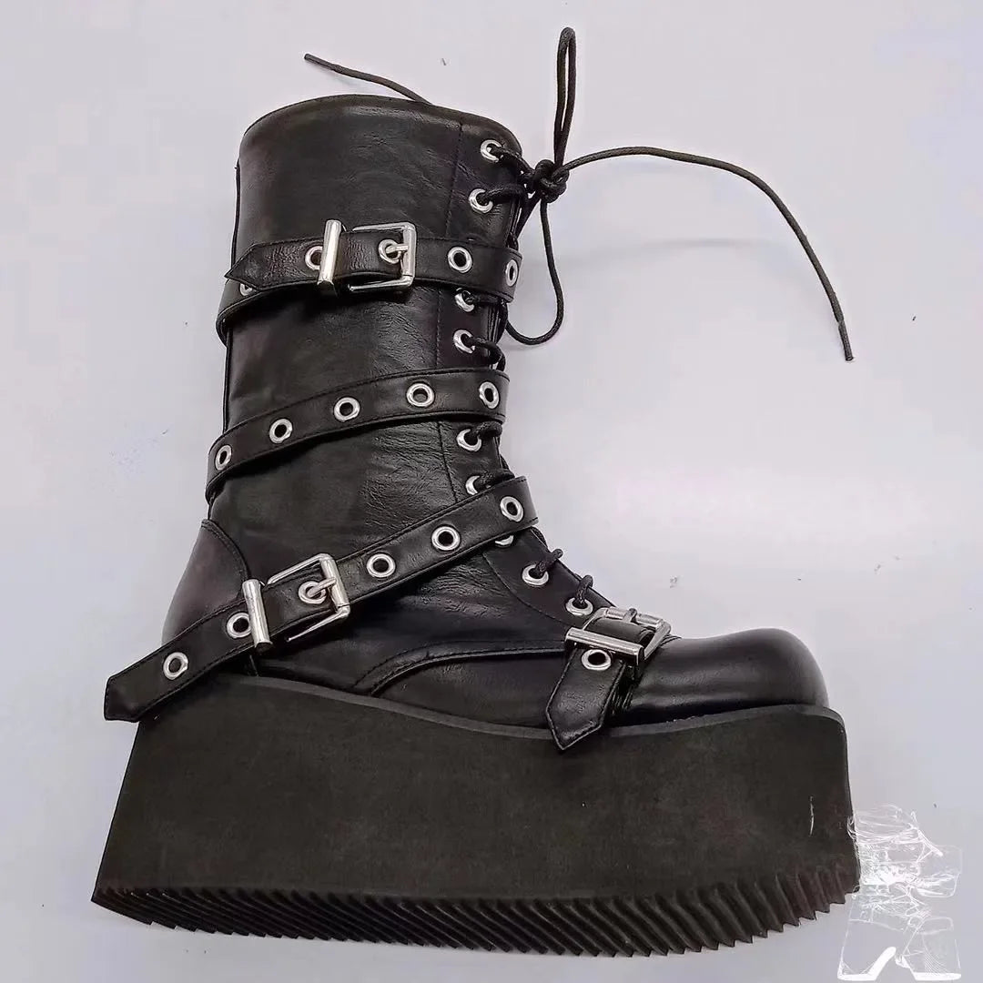 Women’s Punk Wedge Lace-Up Gothic Cross-Tied Platform Mid-Boots