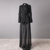 Damen Blazer mit Mesh-Einsätzen und Nagelkette & Chiffonhose mit hoher Taille