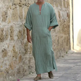 Herren langes Baumwolle Leinen Jubba Thobe – V-Ausschnitt Muslim Arabisch Islamischer Kaftan