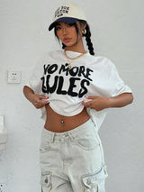 Women’s 100% Cotton White Crop Top – "No More Rules" Letter Print O-Neck Streetwear Tee