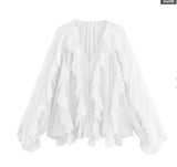 Elegante Damenbluse mit V-Ausschnitt – Einreihiges Langarmshirt