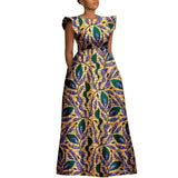 The "Heritage Queen" Floor-Length Gown: Bold Ankara Wax Cotton Dress with Short Sleeves