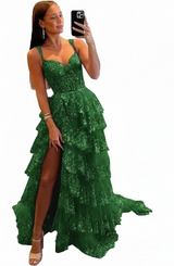 Sparkly Tiered Lace Tulle Prom Dress | Long Spaghetti Strap Corset Gown