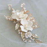 The "Ethereal Meadow" Bridal Comb Hand-Wired Freshwater Pearls & Ceramic Blooms