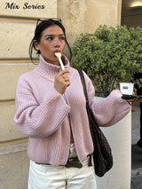 Damen lässiger Rollkragen-Rippstrickpullover – lockere langärmelige Strickjacke mit Reißverschluss
