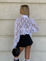 Bedrucktes Rüschenhemd aus Spitze für Damen – Durchsichtiges Patchwork-Langarm-Top