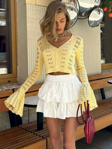 Strickwaren Damen V-Ausschnitt Langarm 透かし Netz Crop Top