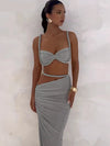 Sexy 2 Piece Vacation Outfits for Women – Pleated Crop Cami Top & Shirring High Waist Maxi Skirt Set