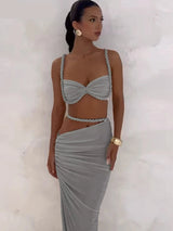 Sexy 2 Piece Vacation Outfits for Women – Pleated Crop Cami Top & Shirring High Waist Maxi Skirt Set