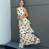 Elegant White 2-Piece Dress Set – Polka Dot Sleeveless Top & Ruffle Pleated Maxi Dress