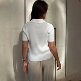 Damen Stricktop mit hohlem Reverskragen – Kurzärmliges Freizeit-T-Shirt mit lockerer Passform