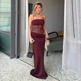 Damen Frühling Spitze Langes Kleid – Sexy Durchsichtiges Spaghettiträger-Kleid