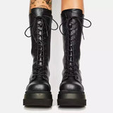 Women’s Black Gothic Platform Mid-Calf Flat Combat Motorcycle Boots