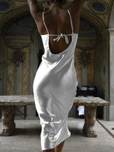 Women’s Sexy Satin Spaghetti Strap Maxi Dress – Backless Lace-Up Trumpet Evening Dress