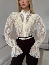Bedrucktes Rüschenhemd aus Spitze für Damen – Durchsichtiges Patchwork-Langarm-Top