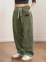 Women's Corduroy Pants Texture Straight-Leg Trousers with Drawstring Waist & White Piping