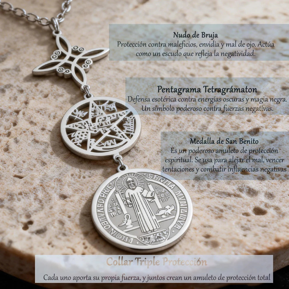 Triple Protection Necklace for Women & Men | Stainless Steel Witch Knot, Pentagram & Tetragrammaton Pendant