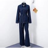 Damen 2-teiliger Denim-Anzug – Y2K Schnür-Reversjacke & Straight Leg Jeans Set