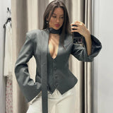 Women's Scarf-Neck Blazer Coat – Single-Breasted Waist-Cinching Jacket