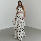Elegant White 2-Piece Dress Set – Polka Dot Sleeveless Top & Ruffle Pleated Maxi Dress