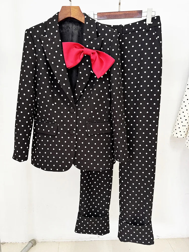 Black & White Polka Dot Suit for Women | Bow Decorated Blazer & Tailored Pants Set