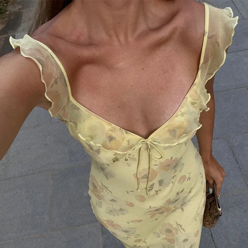 Summer Floral Print Plunge Maxi Dress – Sexy Backless Fairy Sundress