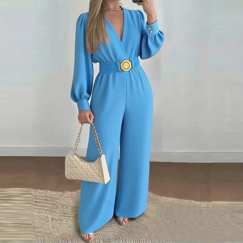 Elegant V-Neck Wide Leg Jumpsuit Long Sleeve Belted Lace-Up Commuting Romper