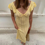 Damen Rüschen Strick Maxikleid – Sexy V-Ausschnitt Rückenfreies Abendkleid