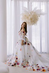 Floral Embroidery Puff Sleeve Prom Dress | Tulle Bridal & Party Gown